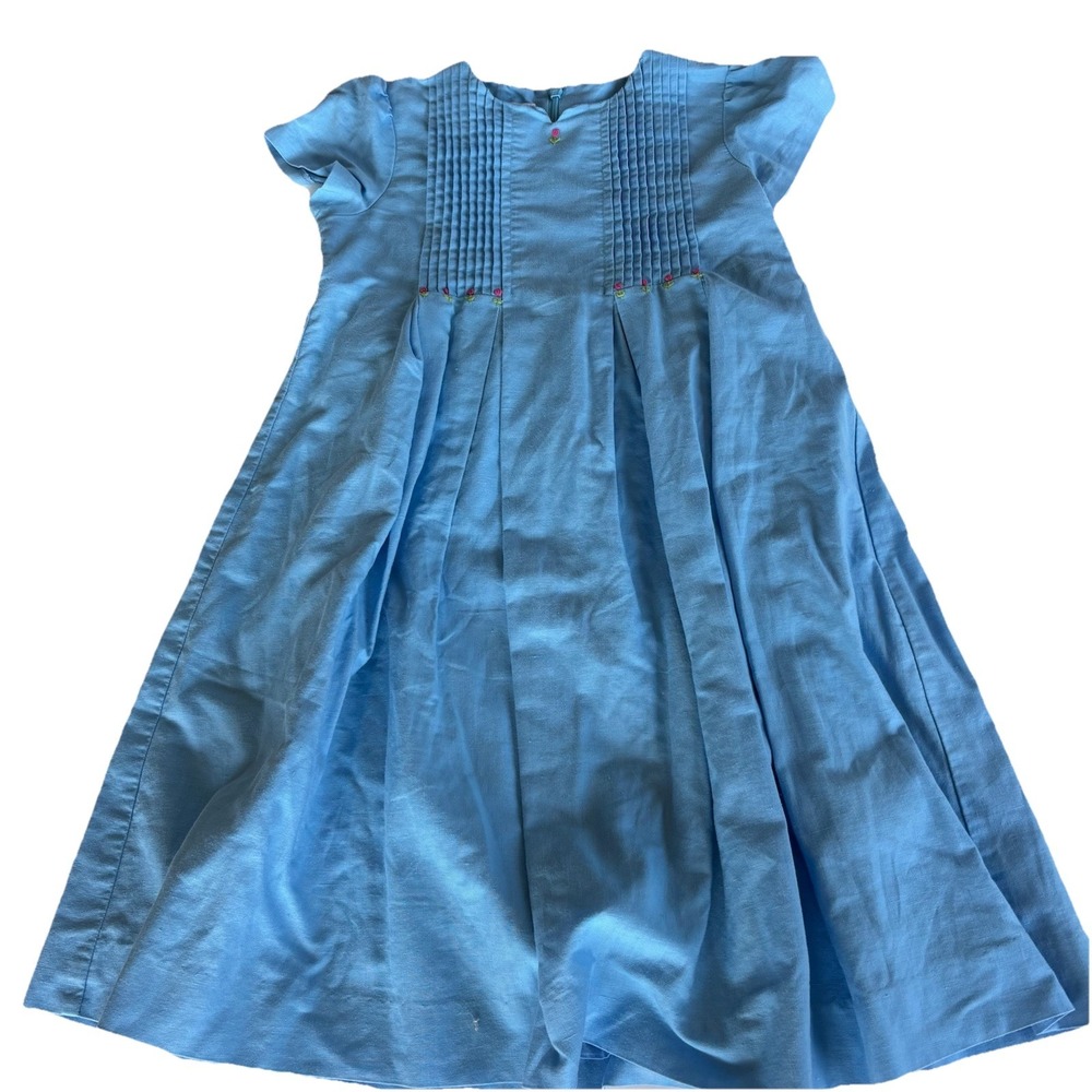 Talbots Kids Girls 6X Blue Linen Cotton‎ Dress Lined Pleated Embroidered Tulips